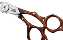 Side view of the Mizutani SWORD Wood Lefty scissors, with a focus on their sleek, silver finish and ergonomic handle designed for optimal comfort and control