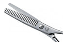 Side view of the Mizutani Acro Yuragi 4 thinning scissors, showing the polished silver finish and cutting ratio of 15-20% for gentle thinning.