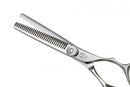 Close-up of the Mizutani Black-Smith Fit Thinning 30 Lefty scissors, highlighting the triangular finger hole design for enhanced comfort and stability during use
