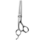 Close-up of the Mizutani Black-Smith Solid Thinning 30 Lefty scissors, emphasizing the ergonomic handle and design that eliminate wobbling and reduce hand strain during use.