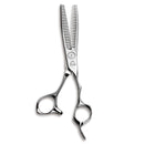 Mizutani Acro Type ZD-4 Dual scissors with off-set handles, demonstrating the ergonomic design for precision cutting and hair movement