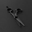 Side view of the Mizutani SWORD Dama Integral scissors with a unique, layered Damascus pattern that offers both durability and aesthetic appeal.