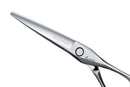 Side view of Mizutani Acro Type K Lefty scissors in silver, demonstrating the precision blade and smooth, sharp edges ideal for detailed cuts.