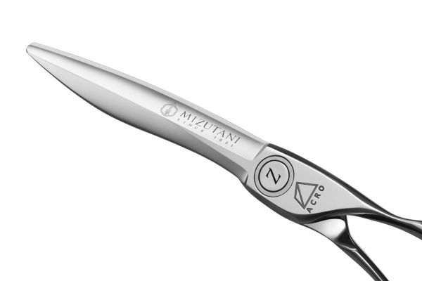 Close-up of Mizutani ACRO Type Z-2 scissors in silver, showcasing the sleek design and sharp cutting edges