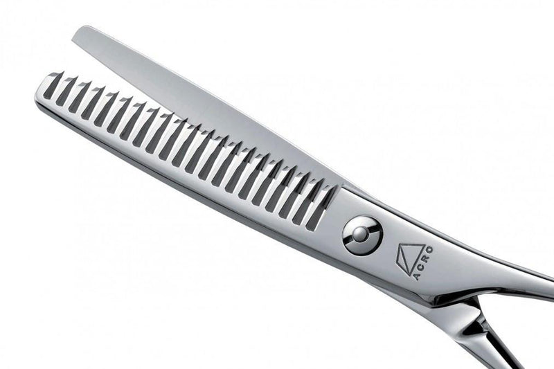 Side view of the Mizutani Acro Yuragi 10 thinning scissors, demonstrating the K-Offset handle designed for comfortable, precise cuts.