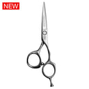 Close-up of the Mizutani Acro Precisioner scissors, showing its unique curved thumb-ring shape designed for optimal finger movement