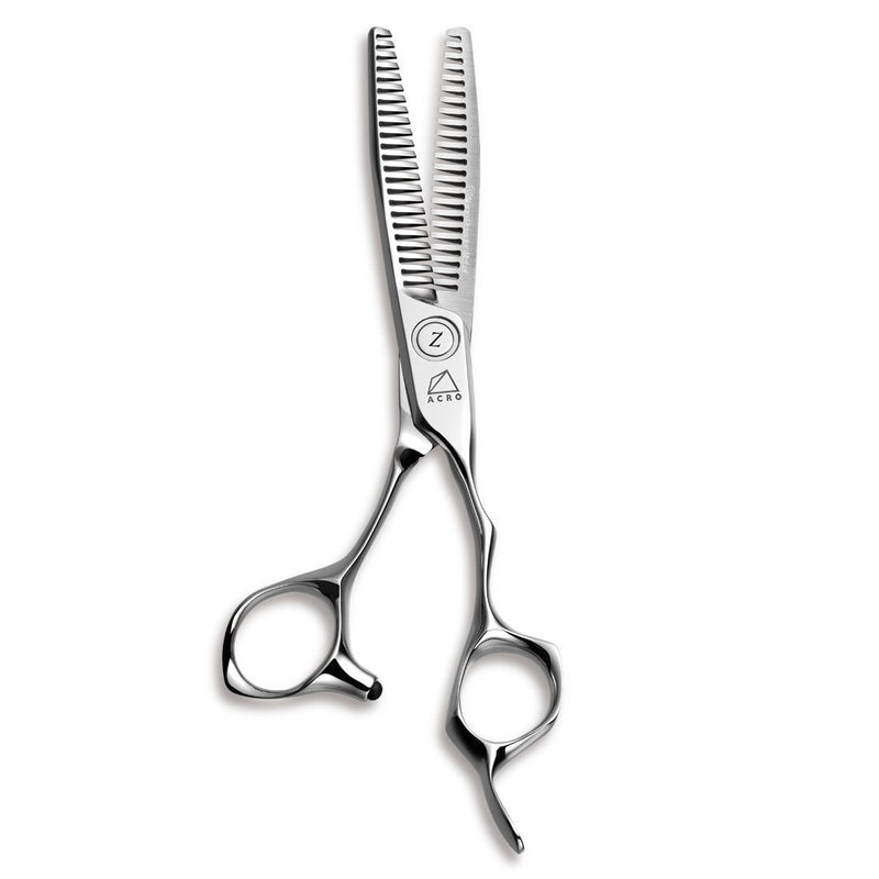 Mizutani Acro Type ZD-4 Dual scissors with off-set handles, demonstrating the ergonomic design for precision cutting and hair movement
