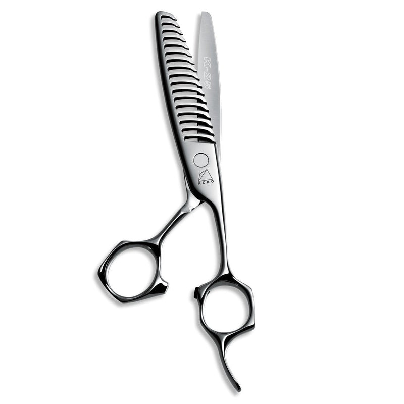 Mizutani AcroLeaf Wide 25 thinning scissors in silver, showcasing the ergonomic K-Offset handle and 15-25% cutting ratio for texture control.