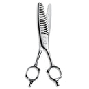 Close-up of the Mizutani AcroLeaf Wide 25 thinning scissors, emphasizing the wide teeth and high-quality craftsmanship for precise texture and volume control.