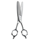 Close-up of the Mizutani AcroLeaf Wide 50 thinning scissors, showcasing the ergonomic K-Offset handle designed for optimal comfort and precision