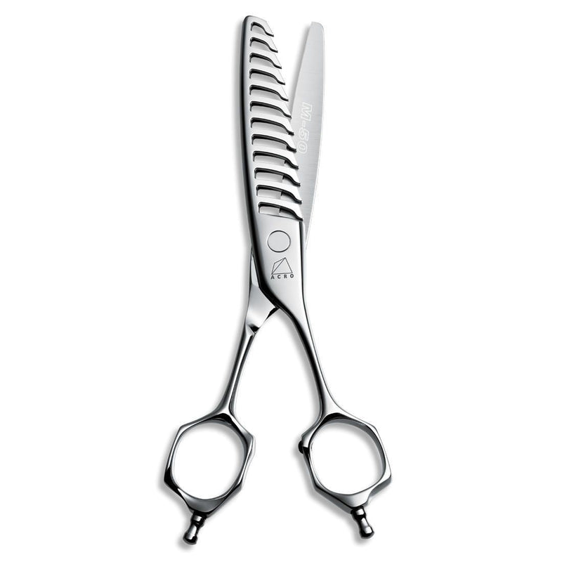 Close-up of the Mizutani AcroLeaf Wide 50 thinning scissors, showcasing the ergonomic K-Offset handle designed for optimal comfort and precision