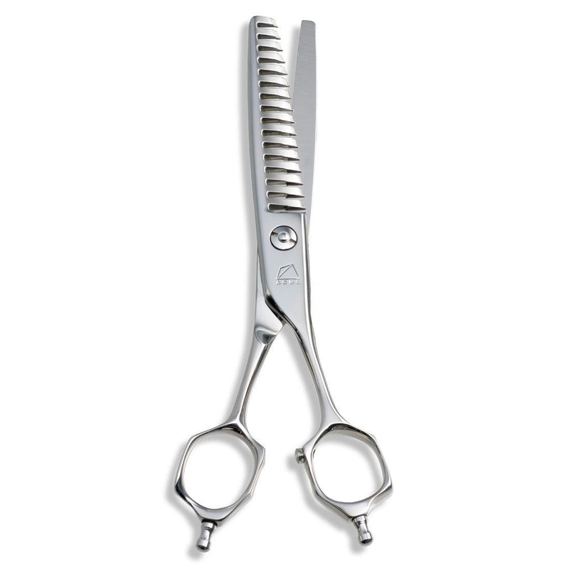 Close-up of the Mizutani Acro Yuragi 10 thinning scissors, highlighting the sharp teeth on the blades for subtle and soft texture control.