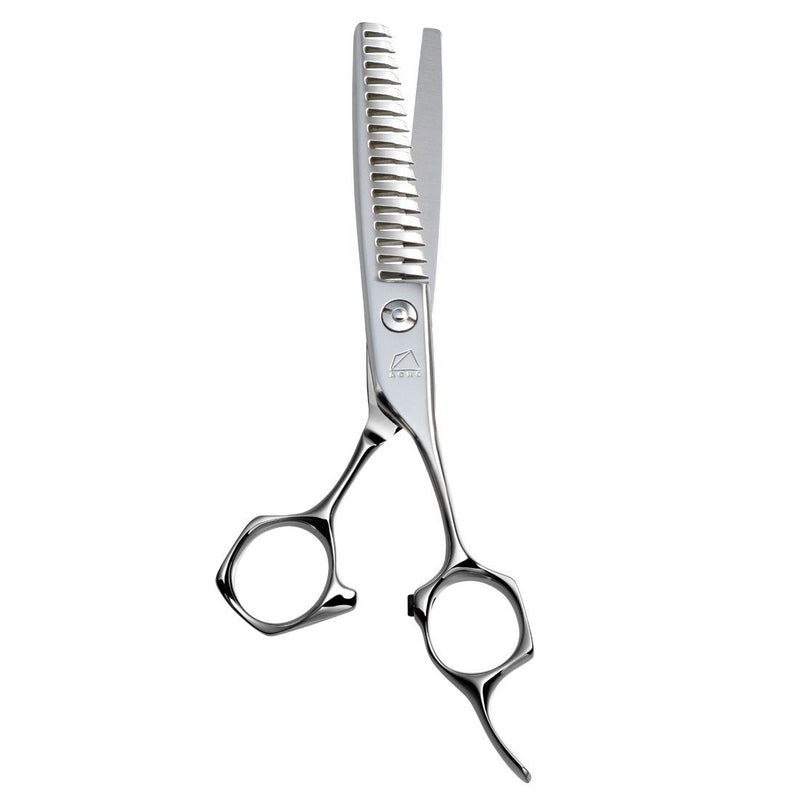 Mizutani Acro Yuragi 10 thinning scissors in silver, showcasing the 16-teeth blade design for creating smooth texture and blended effects