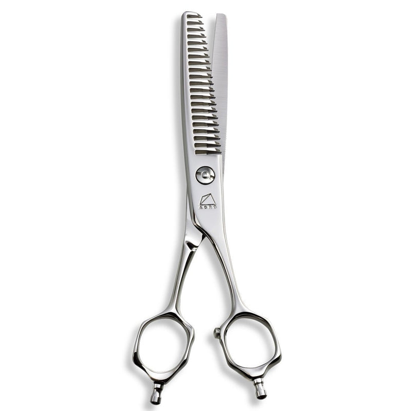Close-up of the Mizutani Acro Yuragi 4 thinning scissors, emphasizing the ergonomic K-Offset handle and precision teeth for seamless texture.