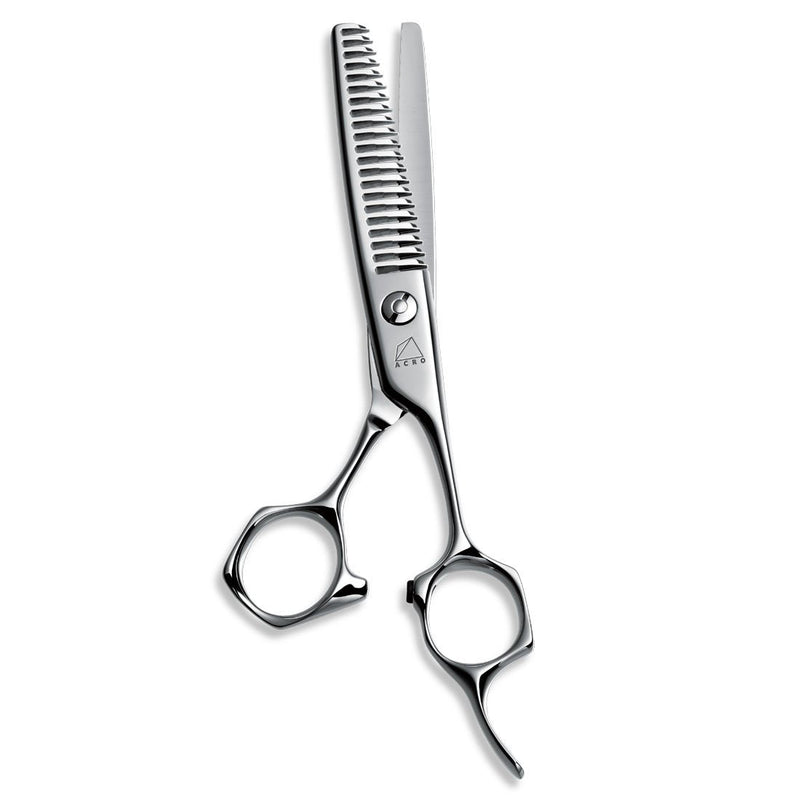 "Mizutani Acro Yuragi 4 thinning scissors in silver, showcasing the 21-teeth blade design for smooth texture control and soft blending.