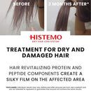 Before and after comparison of hair treatment with Histemo, showing dry and damaged hair on the left and improved hair on the right.
