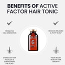 Promotional graphic for On-to Active Factor Hair Tonic showing a small amber bottle centered on a light gray background, surrounded by benefit callouts and check marks: promotes cell generation, reduces inflamed & itchy scalp, stimulates hair follicles & strengthens the scalp, and helps boost healthy hair growth.