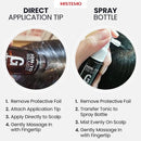 Instructions for using a hair care product with application tip and spray bottle on a white background.