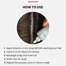 Instruction graphic for HISTEMO hair treatment showing a circular close-up of a person applying the product to a dry scalp, with five step-by-step usage instructions below on a light gray background.