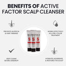 An infographic titled 'BENEFITS OF ACTIVE FACTOR SCALP CLEANSER' showing three tubes of the product centered on a light gray background, surrounded by icons and text listing benefits such as preventing alopecia and hair thinning, deep cleansing for dandruff, and effective pre-color treatment.
