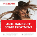 Promotional graphic for HISTEMO Anti-Dandruff Scalp Treatment, featuring a woman with windblown hair over her face on a light gray background, with bold red and white text banners.