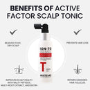 A promotional graphic for Histemo Ion-To Hair & Scalp Tonic, showing a white bottle with a black pump and red label details, surrounded by text and icons detailing its benefits for itchy dry scalp, hair loss prevention, and scalp health.