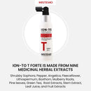 A bottle of HISTEMO ION-TO T FORTE hair and scalp treatment centered on a light gray background, with text below describing its herbal extract ingredients.