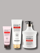 Three Histemo hair and scalp care products arranged on a plain light gray background: a pale pink tube, a white tube with a gold base, and a large white pump bottle with a black pump and gold collar. The labels read Ultra Scalp Care Nutritioner Forte.
