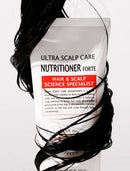 A white squeeze tube labeled 'ULTRA SCALP CARE NUTRITIONER FORTAE' with black and red text, shown against a white background with glossy black hair draped around it.
