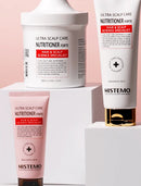 Three HISTEMO Ultra Scalp Care Nutritioner hair care products arranged on white display blocks against a pale pink background: a white tub labeled Hair & Scalp Science Specialist, a white tube with gold cap labeled Hair & Scalp Science Specialist, and a pink tube labeled Hair & Scalp Science Specialist Forte.