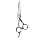Close-up of Mizutani Acro Type K Lefty scissors, showcasing the sleek silver finish and ergonomic design tailored for left-handed users