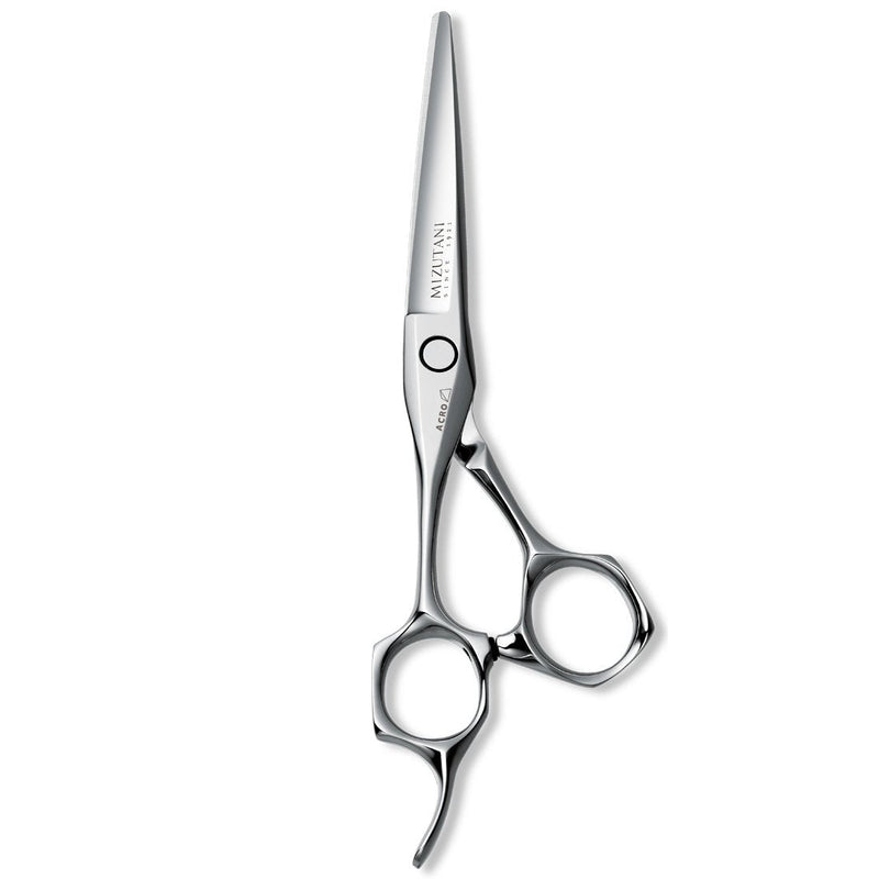 Close-up of Mizutani Acro Type K Lefty scissors, showcasing the sleek silver finish and ergonomic design tailored for left-handed users