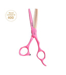Close-up of the Mizutani Schorem Master Blending scissors in pink, emphasizing their design for precise and fast texturizing, perfect for professional hairstyling