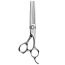 Mizutani Black-Smith Solid Thinning 30 scissors in silver, showcasing the ergonomic design with a balanced center of gravity for enhanced stability and reduced wobbling.
