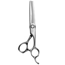 Close-up of the Mizutani Black-Smith Solid Thinning 30 scissors, emphasizing the G-SHIFT handle design that reduces hand strain and improves control during use.