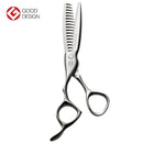 Mizutani Black-Smith Fit Puffin Thinning 17 Lefty scissors in silver, featuring 17 teeth for a cutting ratio of 20-30% and a durable matte black titanium finish.
