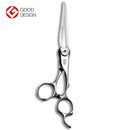 Close-up of Mizutani SWORD D-19 scissors in silver, showcasing their ergonomic design and precision blades.