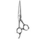 Close-up of Mizutani Acro Type K Lefty scissors, showcasing the sleek silver finish and ergonomic design tailored for left-handed users